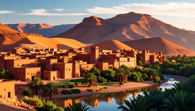 Desert town by a river at sunrise - Powered by Adobe