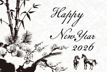 2026年　午年　年賀状用はがきテンプレート　干支の馬の筆手書きイラスト