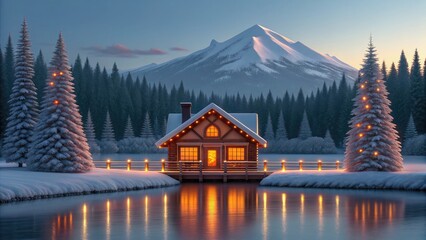 Fototapeta premium Cozy Winter Cabin on the Lake with Snow-Capped Mountain View