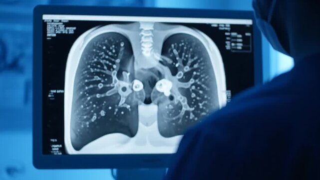 Man analyzing lung scan on computer screen in a modern office environment with focused expression and intent understanding