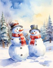 Watercolor Illustration Snowmen in Winter Season