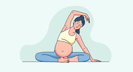 Cartoon pregnant woman in yoga pose, a digital illustration, in pastel colors on a serene blue background, promoting wellness and healthy lifestyle.