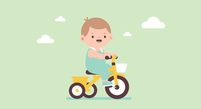 Cartoon illustration of a happy toddler riding a yellow tricycle against a light green background, conveying a playful and innocent mood.