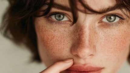 Close-up of a young person showcasing natural beauty and unique freckles, with captivating green eyes and soft makeup, in a neutral setting during the day