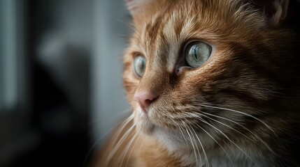 Close up portrait of a curious orange tabby cat with intense green eyes looking to the side