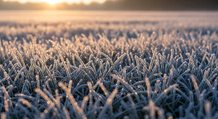 Frost covered grass field at sunrise with warm golden light