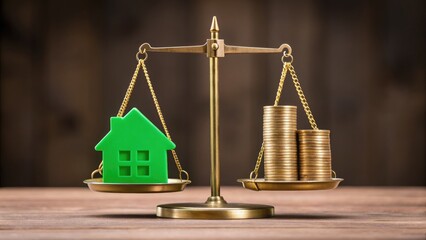 House value and currency balance on scale showing property investment and finances