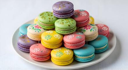 Colorful french macarons stacked on a white plate