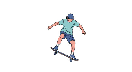 Obraz premium A skateboarder in mid-air is performing a trick against a clean white background, rendered in a flat, vector illustration style with cool, muted colors.