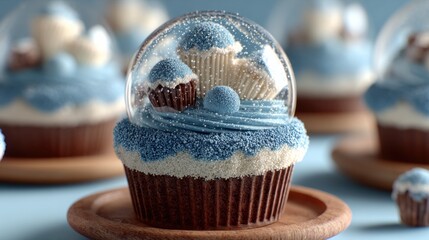Delicious cupcake topped with a blue theme and a clear dome showcasing decorative sweets on a wooden plate