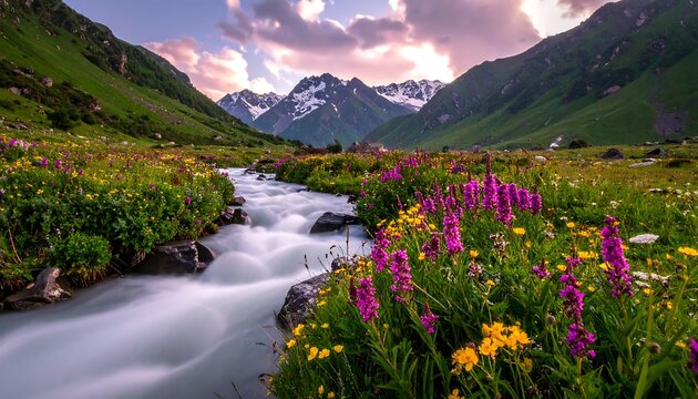 Scenic mountain valley with a flowing river, wildflowers in bloom, clear skies - Powered by Adobe