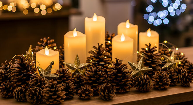 Warm glowing led candles nestled amongst pinecones creating a cozy festive holiday centerpiece
