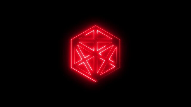 Vivid Red Neon Hexagon Symbol with Geometric Design on Black abstract bright