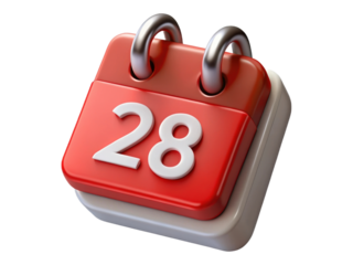 Shiny Red Calendar Icon with Number 28 - Modern 3D Rendered Reminder and Event Symbol on White Base