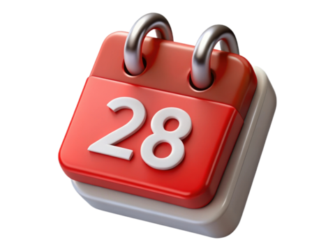 Shiny Red Calendar Icon with Number 28 - Modern 3D Rendered Reminder and Event Symbol on White Base