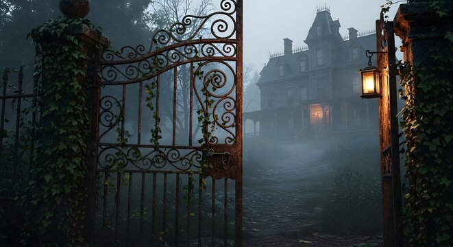 Haunted Mansion Entrance with Wrought Iron Gate and Lantern in Mist