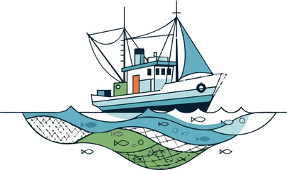 Abstract fishing boat with waves representing aquaculture and fisheries. simple Vector Illustration art simple minimalist illustration creative