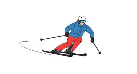 Obraz premium Illustrated skier in a dynamic pose is downhill skiing on a snowy slope, depicted in a flat vector style against a clean white background.