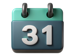 Vibrant 3D Render Desk Calendar Icon Showing December 31 on Transparent Background