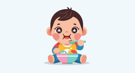 Cartoon baby eating food with a spoon in a vector illustration against a white background, conveying a happy and playful mood.