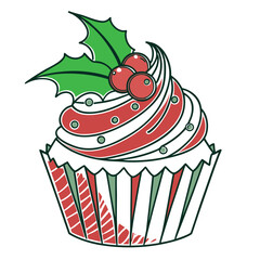 Christmas sweet dessert cupcake illustration with cherry and holly berry cream