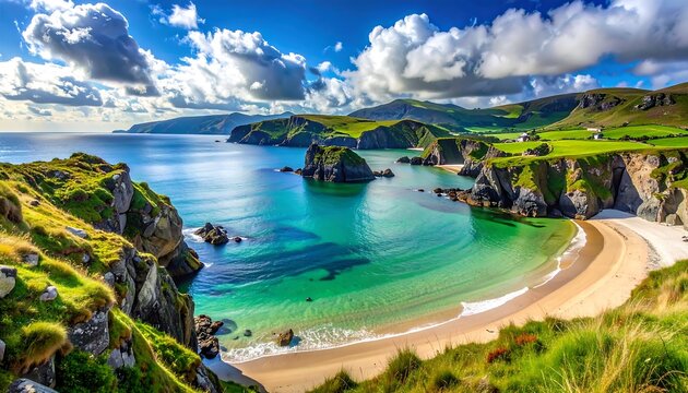Scenic coastal view with turquoise water, sandy beach, and green hills