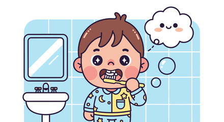 Cartoon illustration of a pajama-clad boy brushing his teeth in a tiled bathroom with a cheerful mood, rendered in a flat, vibrant style.