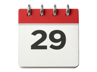 Classic Red and White Desk Calendar Icon Showing Day 29 Isolated on Transparent Background