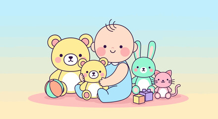 Obraz premium Cartoon illustration of a baby surrounded by cute plush toys against a pastel gradient background in a cheerful and playful mood.
