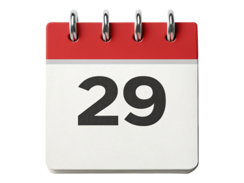 Classic Red and White Desk Calendar Icon Showing Day 29 Isolated on Transparent Background