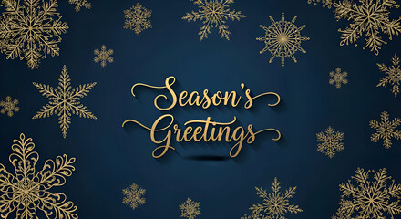 Elegant golden snowflakes and season s greetings text on dark blue background