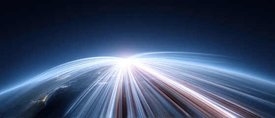 Global supply chain resilience illustrated by glowing light trails connecting continents on Earth, symbolizing connectivity, technology, and secure logistics in futuristic style