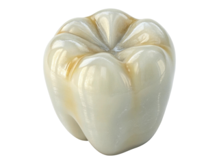 Natural molar tooth with slight yellowing and detailed texture on an isolated checkered background