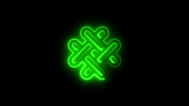 Glowing Green Interlocking Abstract Shape Neon Light Symbol on Black Background bright