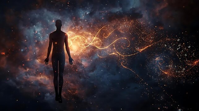 A solitary human figure floats in the vastness of space, surrounded by swirling nebulae and cosmic dust.