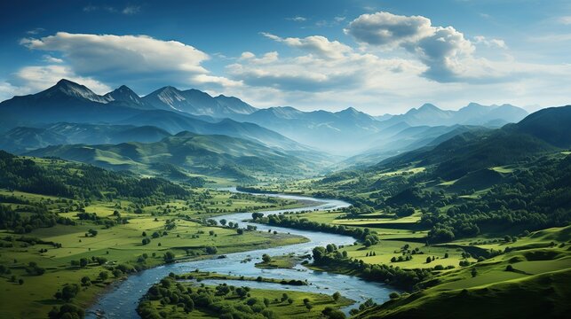 Majestic river winding through a lush green valley with rolling hills and distant blue mountains under a vast sky.