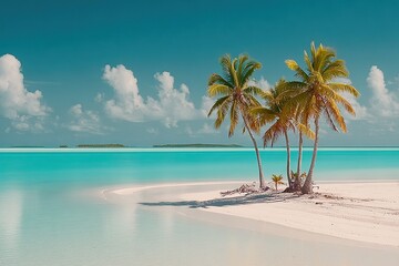 Fototapeta premium Palms on sand bar with turquoise water and scattered clouds