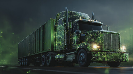 Obraz premium Smart Innovation connection cyber security Container truck in ship port for business Logistics transportation of Container Cargo ship Cargo plane with working crane bridge in shipyard at Twilight