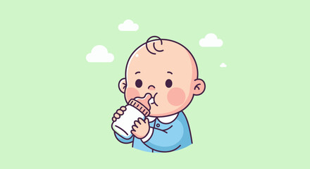 Cartoon illustration of a baby drinking milk from a bottle against a pastel green background, evoking a peaceful and nurturing mood.