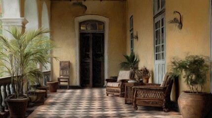 Fototapeta premium colonial veranda interior in oil painting texture