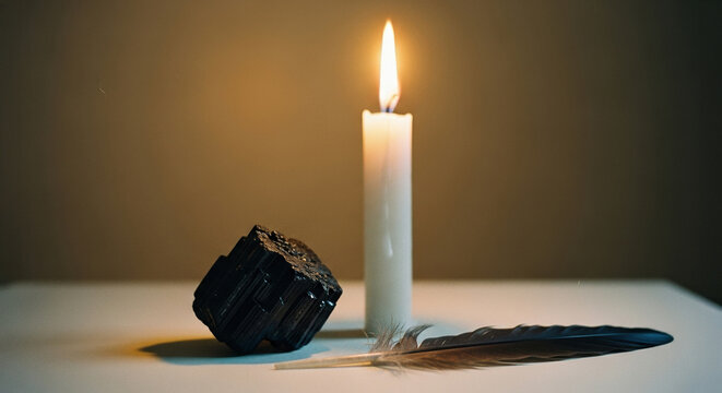 Lit candle with burning incense and crystal on surface, moody spiritual scene highlighting ritual, prayer, and mystical atmosphere