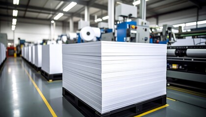Stacks of fresh paper on pallets with ready for printing in an industrial factory.
