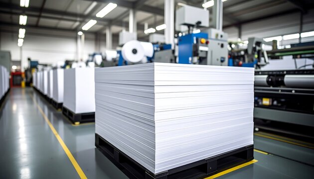 Stacks of fresh paper on pallets with ready for printing in an industrial factory.