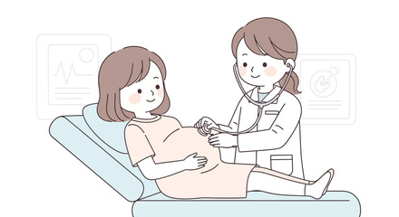 Vector illustration of a doctor examining a pregnant woman with a stethoscope against a clean white background in a caring and gentle style.