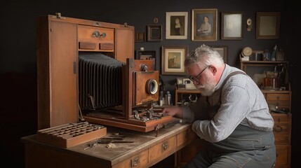 colonial-era photographer setting up wooden camera, portrait studio