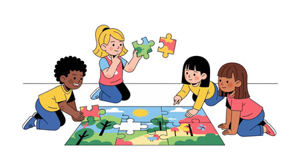 Four diverse children joyfully assembling a large jigsaw puzzle together on a white surface in a bright, colorful illustration style.