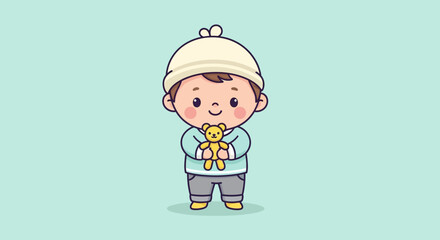 Cute cartoon toddler holding a teddy bear, illustrated in a flat style with soft pastel colors against a light teal background.
