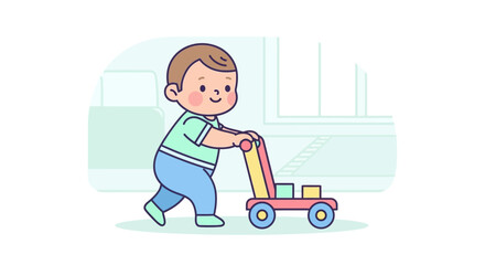 Illustration of a happy toddler pushing a toy walker in a light turquoise room with a clean, modern aesthetic.