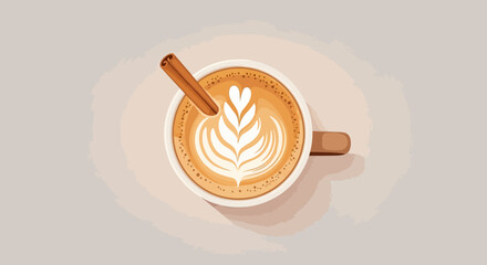 Top-down view of a cappuccino with latte art and a cinnamon stick in a bright, neutral-toned setting, creating a cozy and inviting atmosphere.