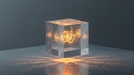 A glowing, intricate golden mechanism is suspended within a transparent glass cube, emitting particles of light.
